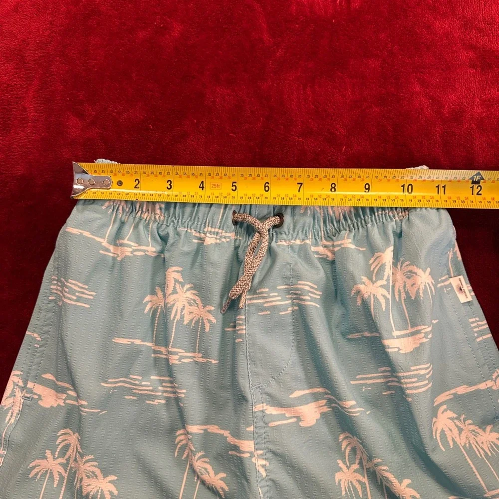 Vintage Summer Boys Blue Seersucker Palm‎ Tree Swim Trunks Size 12 V84509